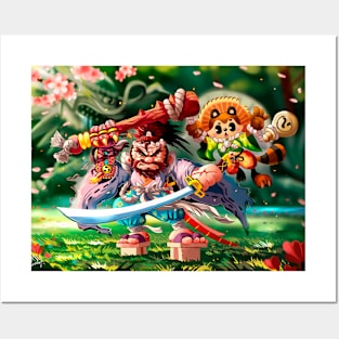 Japanese warrior and tanuki boy - sakura forest Posters and Art